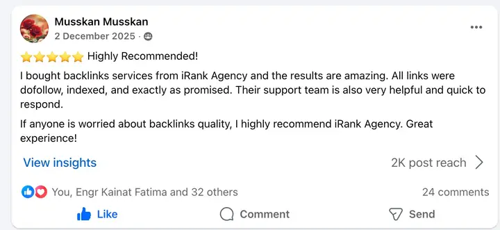 Verified client review 14 on Facebook
