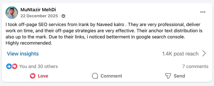 Verified client review 15 on Facebook
