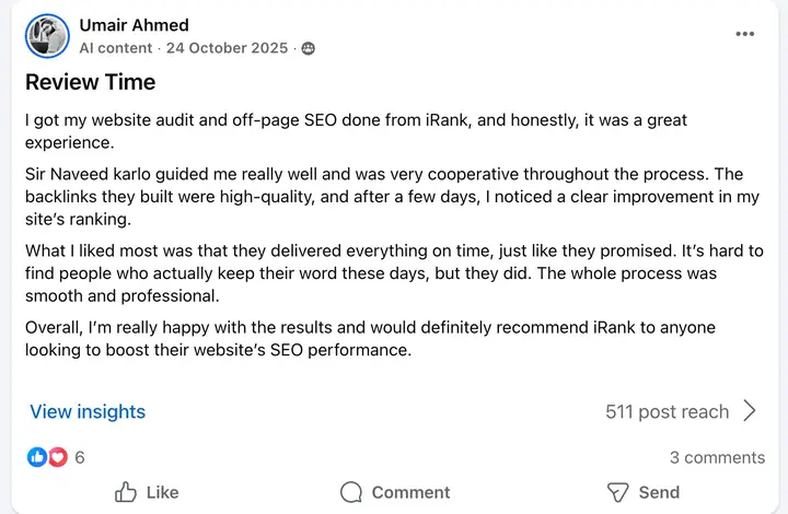 Verified client review 16 on Facebook