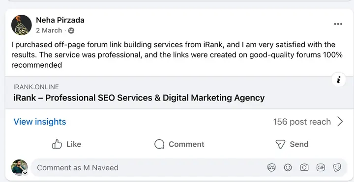 Verified client review 18 on Facebook